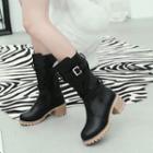 Faux Leather Strappy Block Heel Mid-calf Boots