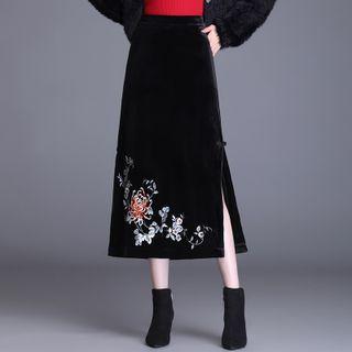 Flower Embroidered Slit Midi A-line Skirt