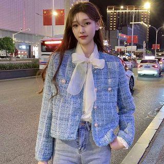 Round Neck Tweed Jacket / Tie-strap Lace Blouse