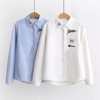 Long-sleeve Fleece-lined Lettering Embroidered Shirt