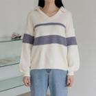 Collared V-neck Piped Sweater Ivory - One Size