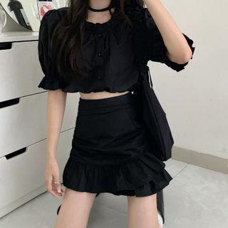 Puff-sleeve Frill Trim Crop Top / A-line Mini Skirt