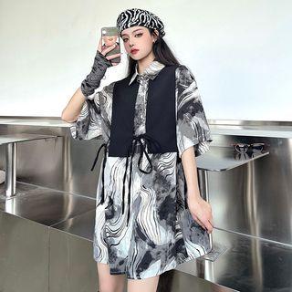 Set: Short-sleeve Tie-dyed Shirtdress + Lace-up Vest Set Of 2 - Shirtdress & Vest - Black & Gray - One Size