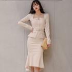 Set: Long-sleeve Mock Two-piece Midi Mermaid Dress + Belt