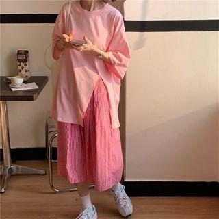 Plain Elbow-sleeve Slit T-shirt / Gingham Midi A-line Skirt