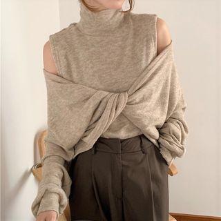 Mock Two-piece Cold-shoulder Turtleneck Knit Top