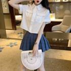Short-sleeve Pocket Detail Shirt / Plaid Mini Pleated Skirt