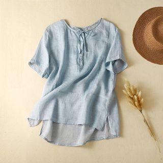 Short-sleeve Bow Henley Blouse