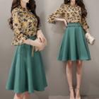 Set: Floral Print Bell-sleeve Chiffon Blouse + A-line Midi Skirt