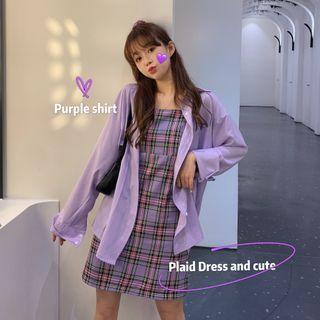 Spaghetti Strap Plaid Mini Sheath Dress / Long-sleeve Plain Shirt