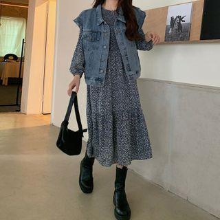 Floral Long-sleeve Midi A-line Dress / Denim Vest