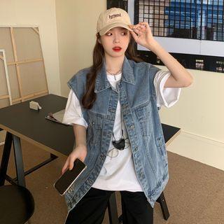 Retro Denim Sleeveless Jacket Blue - One Size