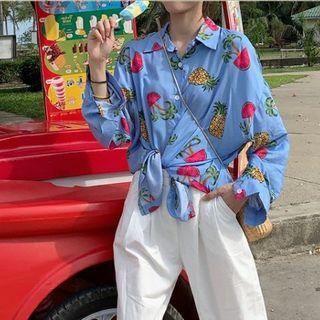 Long-sleeve Fruit Print Shirt Blue - One Size