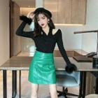 Plain Halter Long-sleeve Knit Top / High-waist Faux Leather Skirt