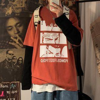 Long-sleeve Cartoon Printed Mock Two Piece T-shirt
