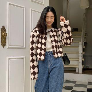 Faux-shearling Argyle Cropped Cardigan