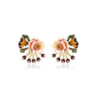 Elegant And Fashion Plated Gold Enamel Flower Stud Earrings With Cubic Zirconia Golden - One Size