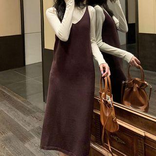 V-neck Spaghetti Strap Knit Dress Brown - One Size