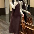 V-neck Spaghetti Strap Knit Dress Brown - One Size