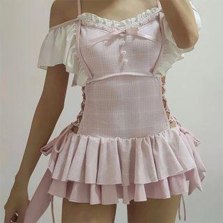 Lace-up Plaid Color Block A-line Dress