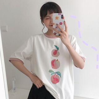 Printed Contrast Trim Elbow-sleeve T-shirt