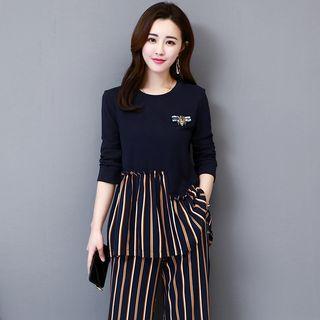 Set: Striped Sequined Long-sleeve T-shirt + Crop Wide Leg Pants