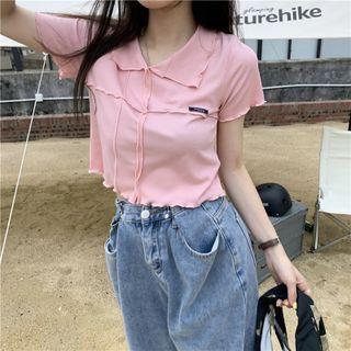 Polo-neck Ruffled Plain T-shirt