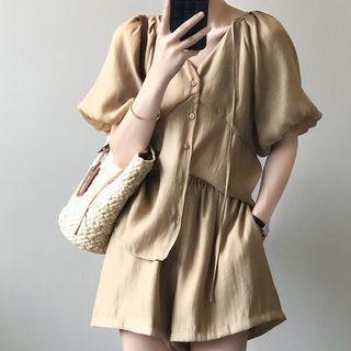 Set: Short-sleeve V-neck Blouse + Wide Leg Shorts