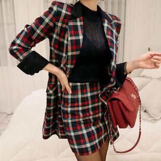 Set: Plaid Double-breasted Long Blazer + High Waist Plaid Pencil Skirt
