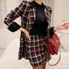 Set: Plaid Double-breasted Long Blazer + High Waist Plaid Pencil Skirt