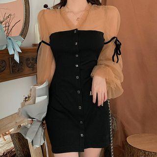 Puff-sleeve Mesh Paneled Dress