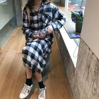 Boxy Long Plaid Shirtdress Black - One Size