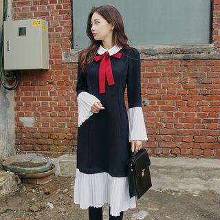 Contrast-collar Pleat-trim Dress With Scarf