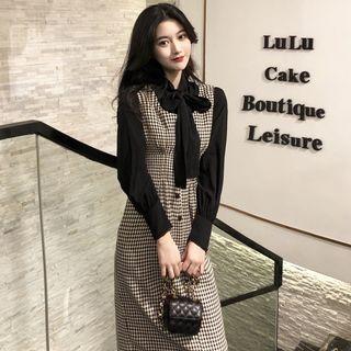 Tie-neck Blouse / Houndstooth Midi Pinafore Dress