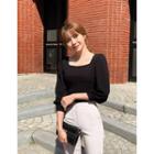 Square-neck Bishop-sleeve Rib Top