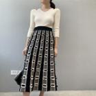 Fringed Trim Striped Knit Midi A-line Skirt