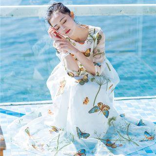 Long-sleeve Embroidered Maxi Mesh Sundress