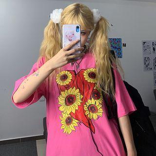 Elbow-sleeve Floral Print T-shirt Pink - One Size