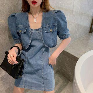 Sleeveless Plain Denim Dress /puff-sleeve Denim Cropped Jacket