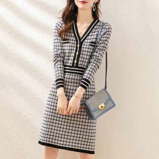 Long-sleeve Plaid Knit Sheath Dress