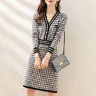 Long-sleeve Plaid Knit Sheath Dress