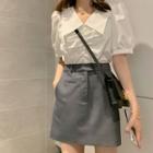 Bubble Sleeve Ruched Top / Mini A-line Skirt