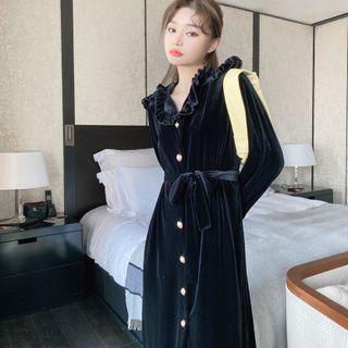 Long Sleeve Velvet Plain Lace-up Dress