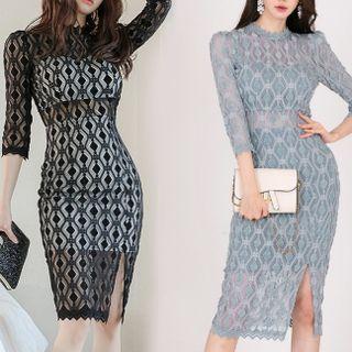 3/4-sleeve Lace Slit Sheath Dress