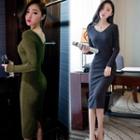 Tie-waist Crewneck V-neck A-line Plain Slim Dress