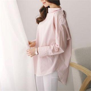 Collared Buttoned-shoulder Striped Top