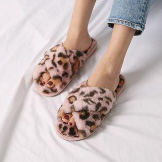 Cross-strap Leopard Faux-fur Slippers