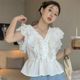 Sleeveless V-neck Ruffle Trim Flowy Blouse