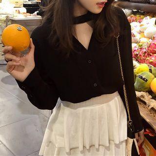 Long-sleeve Choker-neck Blouse