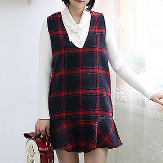 V-neck Ruffle-hem Checked Mini Pinafore Dress
